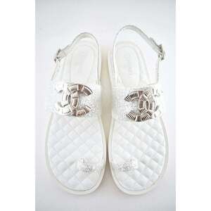 Chanel 19C White Silver Fantasy Fabric CC Logo Ankle Strap Toe Sandal Flat 40.5c
